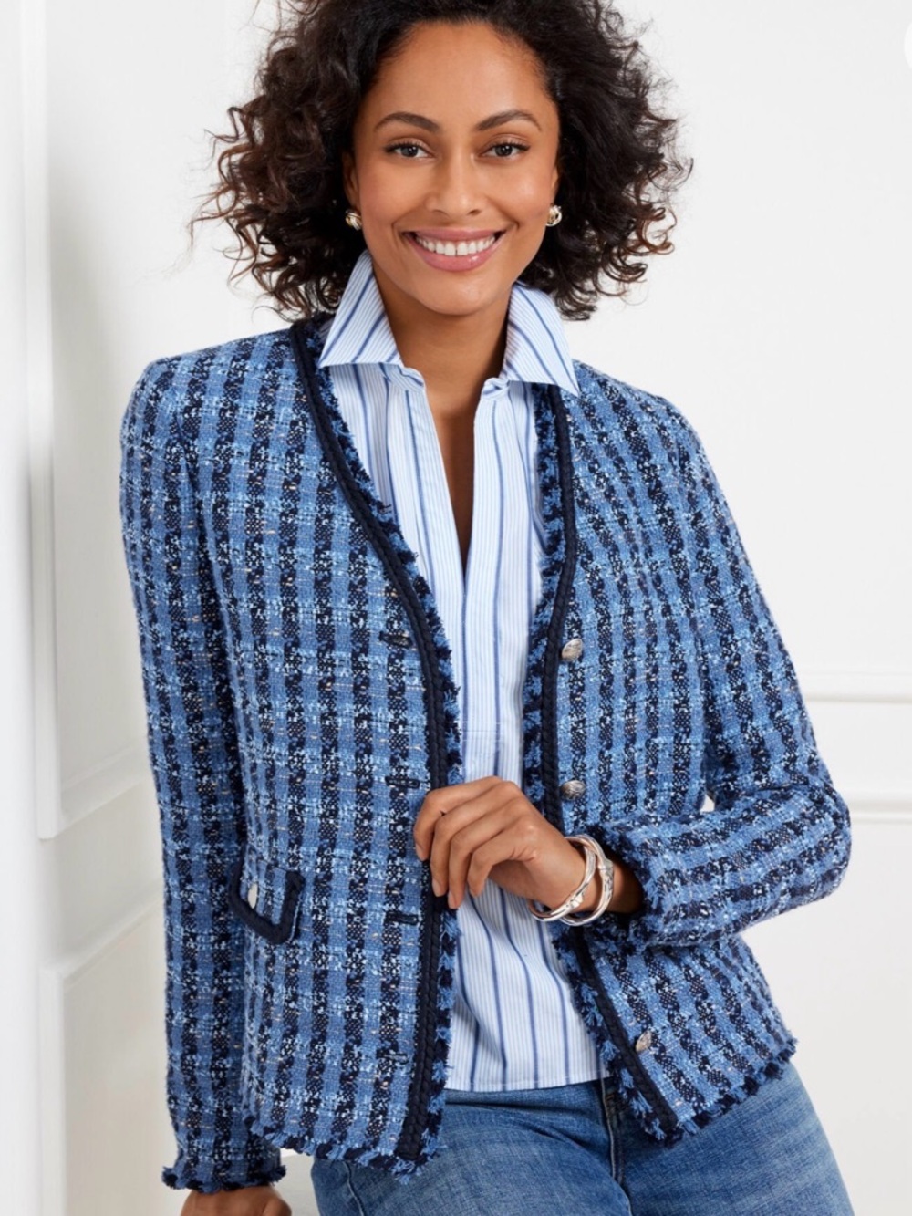 Talbots Light Blue Tweed Plaid Blazer with Braided Trim, Fringe Accents NWT